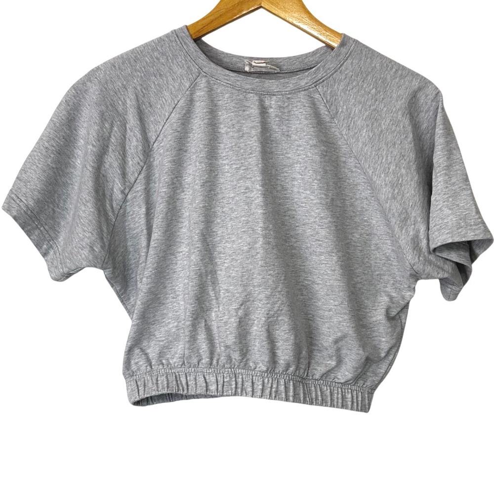 Open Edit Women's S Gray Short Raglan Sleeve Elastic Hem Crop Sweatshirt Top